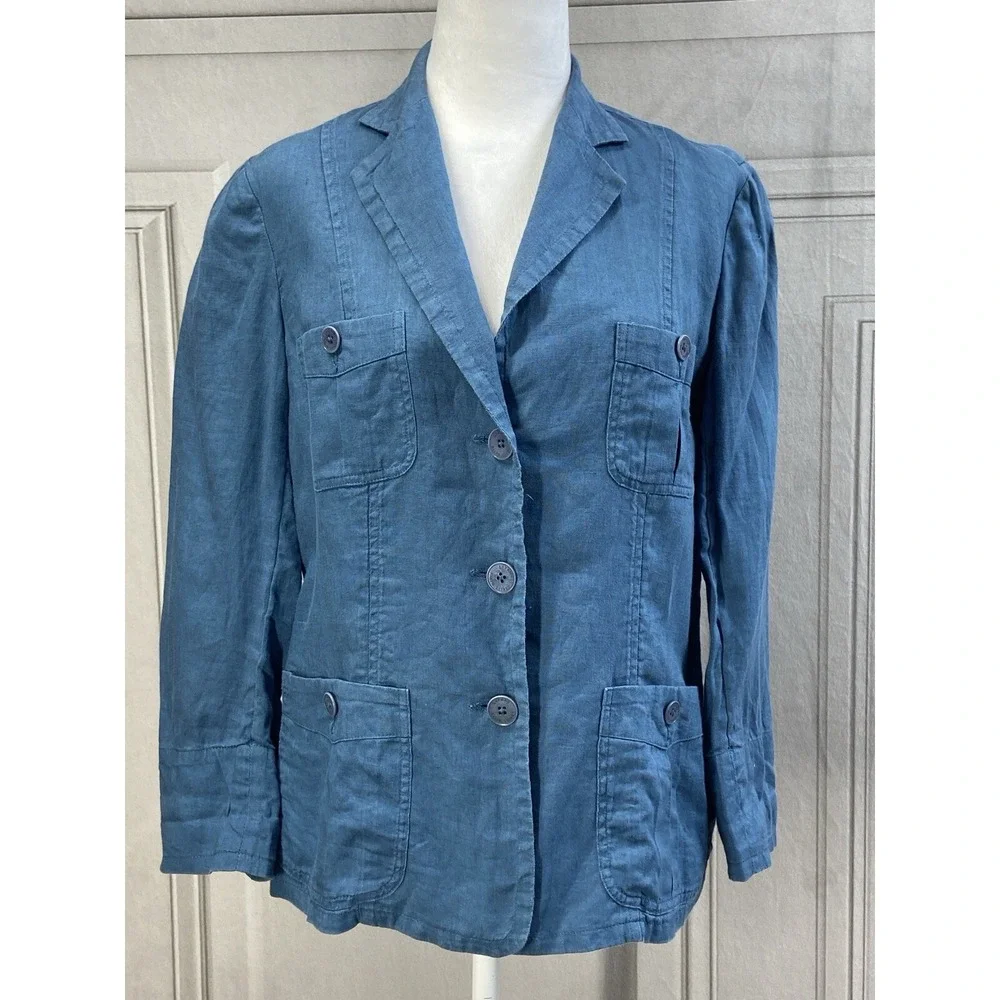 Lauren Ralph Lauren Blazer Womens 6P Blue 100%‎ Linen Utility Safari Jacket